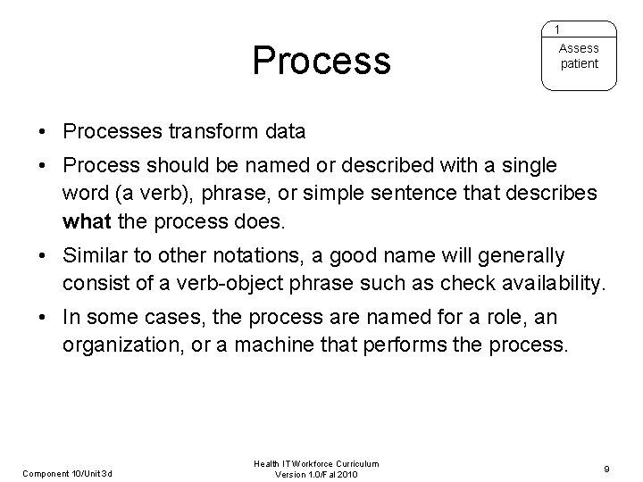 1 Process Assess patient • Processes transform data • Process should be named or