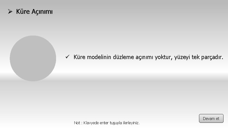 Ø Küre Açınımı ü Küre modelinin düzleme açınımı yoktur, yüzeyi tek parçadır. Not :