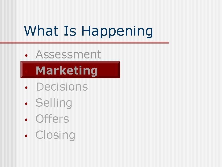 What Is Happening s s s Assessment Marketing Decisions Selling Offers Closing 