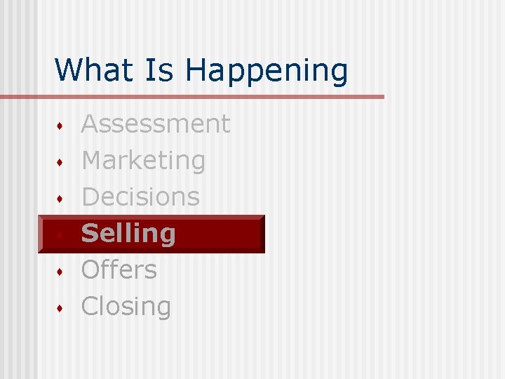 What Is Happening s s s Assessment Marketing Decisions Selling Offers Closing 