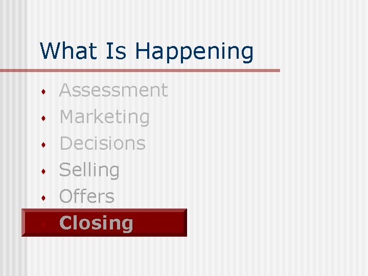What Is Happening s s s Assessment Marketing Decisions Selling Offers Closing 