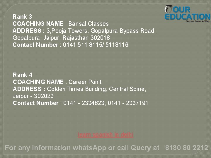 Rank 3 COACHING NAME : Bansal Classes ADDRESS : 3, Pooja Towers, Gopalpura Bypass