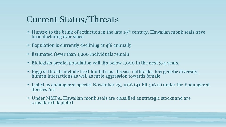 Current Status/Threats • Hunted to the brink of extinction in the late 19 th