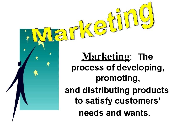 Marketing: The process of developing, promoting, and distributing products to satisfy customers’ needs and Marketing: The process of developing, promoting, and distributing products to satisfy customers’ needs and