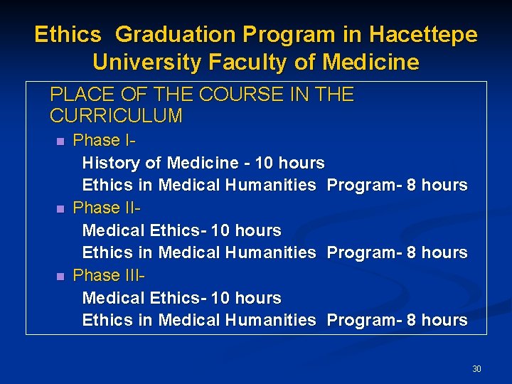 Ethics Graduation Program in Hacettepe University Faculty of Medicine PLACE OF THE COURSE IN