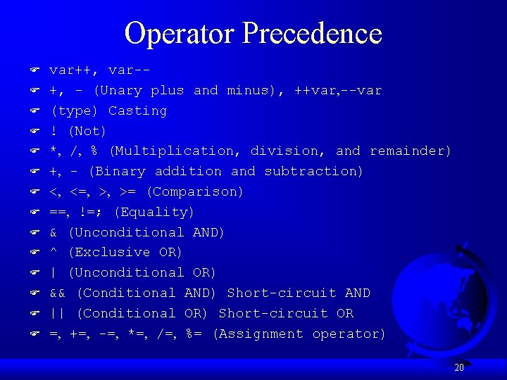 Operator Precedence F F F F var++, var-+, - (Unary plus and minus), ++var, Operator Precedence F F F F var++, var-+, - (Unary plus and minus), ++var,