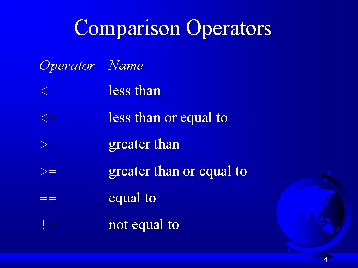 Comparison Operators Operator Name < less than <= less than or equal to > Comparison Operators Operator Name < less than <= less than or equal to >