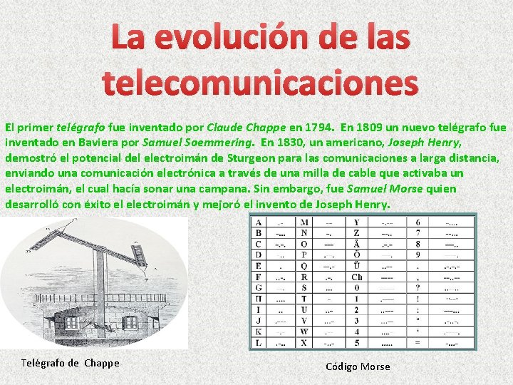La evolución de las telecomunicaciones El primer telégrafo fue inventado por Claude Chappe en