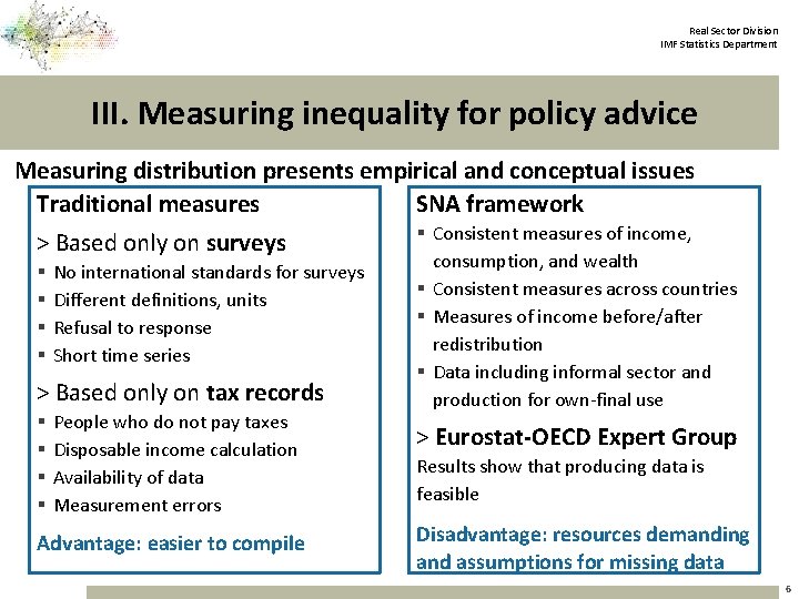 Real Sector Division IMF Statistics Department III. Measuring inequality for policy advice Measuring distribution