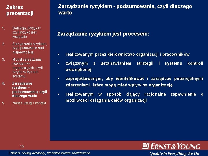 Zakres prezentacji 1. 2. 3. 4. 5. Definicja „Ryzyka”, czyli ryzyko jest wszędzie Zarządzanie