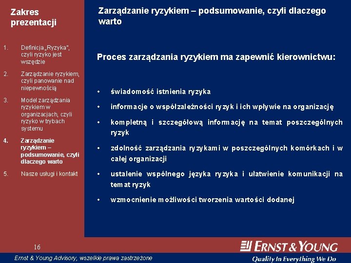 Zakres prezentacji 1. 2. 3. Definicja „Ryzyka”, czyli ryzyko jest wszędzie Zarządzanie ryzykiem, czyli