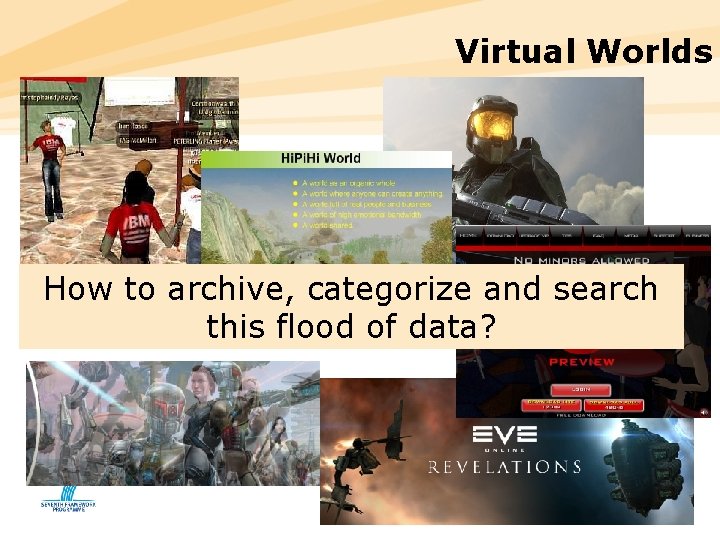 Virtual Worlds How to archive, categorize and search this flood of data? 