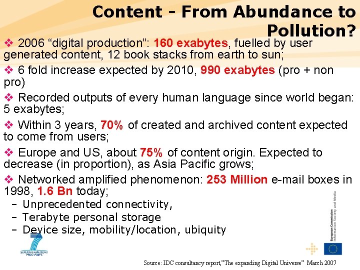 Content - From Abundance to Pollution? v 2006 “digital production”: 160 exabytes, fuelled by