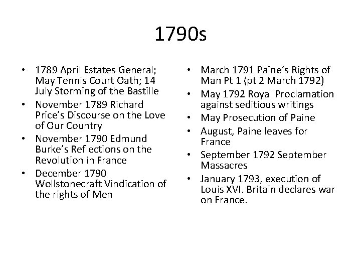 1790 s • 1789 April Estates General; May Tennis Court Oath; 14 July Storming