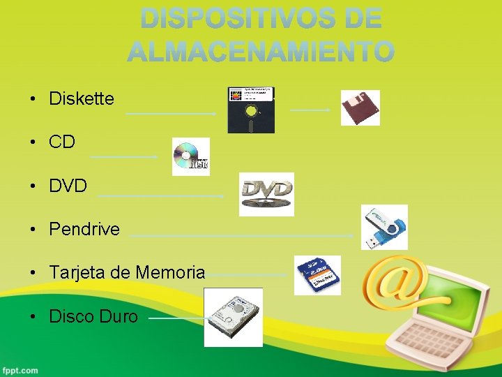 • Diskette • CD • DVD • Pendrive • Tarjeta de Memoria •