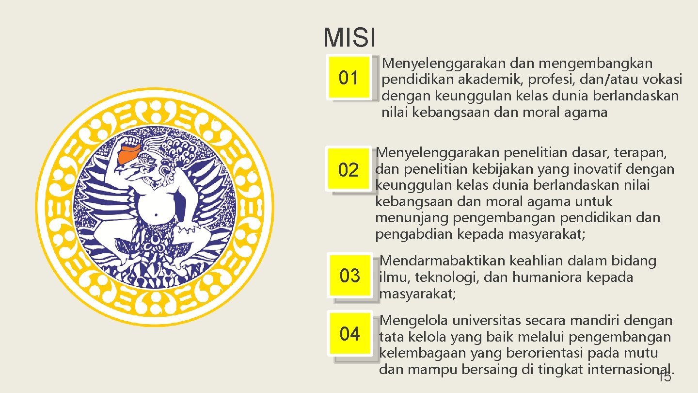 MISI 01 02 03 04 Menyelenggarakan dan mengembangkan pendidikan akademik, profesi, dan/atau vokasi dengan