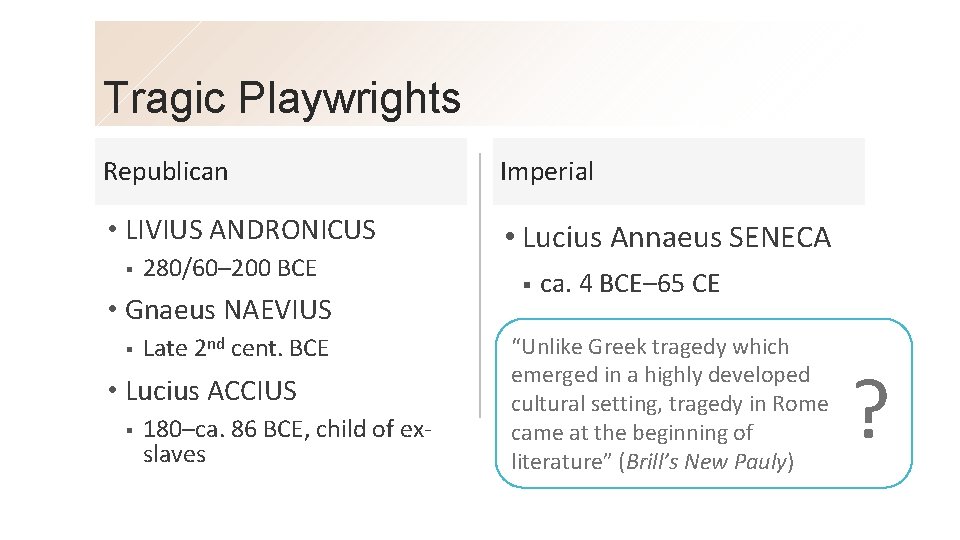 Tragic Playwrights Republican Imperial • LIVIUS ANDRONICUS • Lucius Annaeus SENECA § 280/60– 200