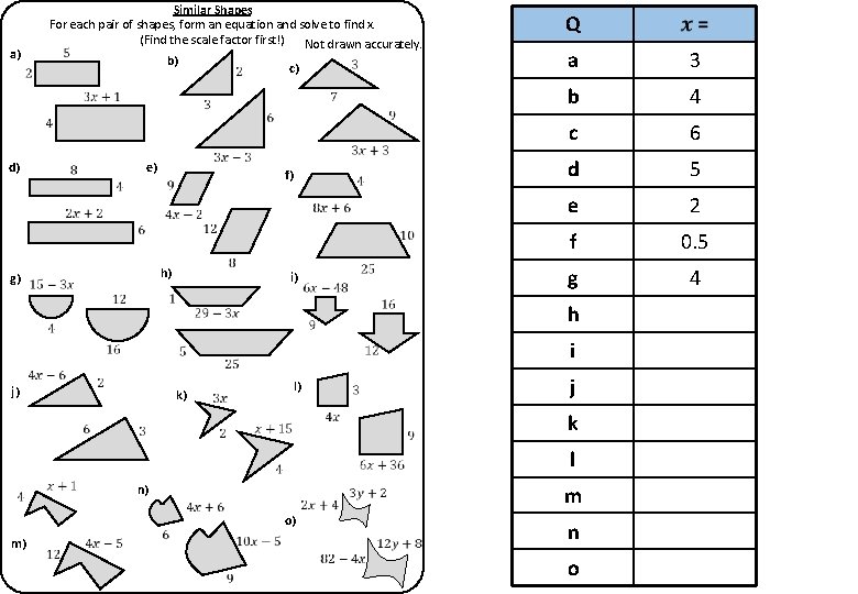 a) d) Similar Shapes For each pair of shapes, form an equation and solve