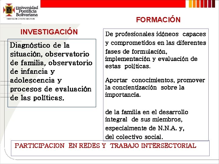 FORMACIÓN INVESTIGACIÓN Diagnóstico de la situación, observatorio de familia, observatorio de infancia y adolescencia