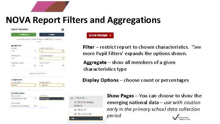 NOVA Report Filters and Aggregations Filter – restrict report to chosen characteristics. ‘See more