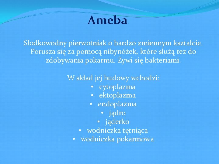 Ameba Słodkowodny pierwotniak o bardzo zmiennym kształcie. Porusza się za pomocą nibynóżek, które służą