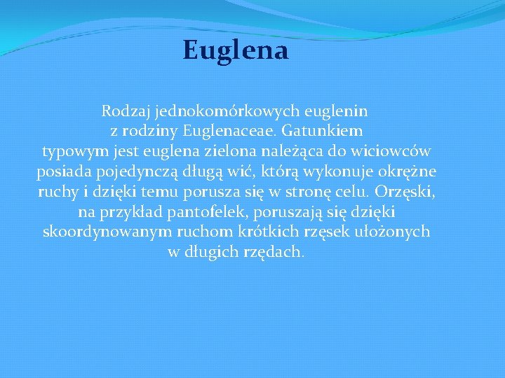 Euglena Rodzaj jednokomórkowych euglenin z rodziny Euglenaceae. Gatunkiem typowym jest euglena zielona należąca do