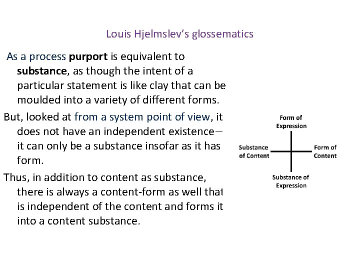 Louis Hjelmslev’s glossematics As a process purport is equivalent to substance, as though the