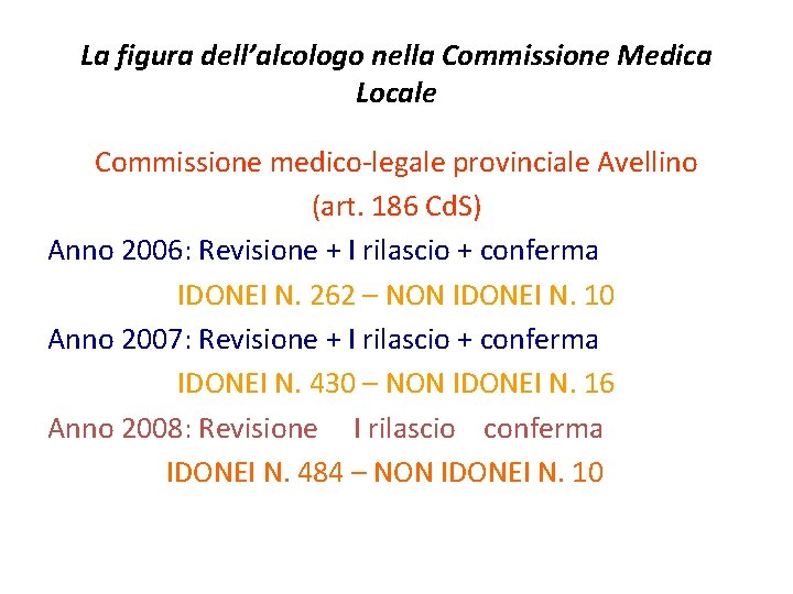 La figura dell’alcologo nella Commissione Medica Locale Commissione medico-legale provinciale Avellino (art. 186 Cd.
