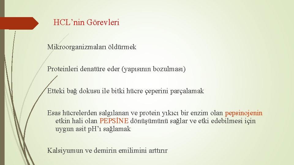 HCL’nin Görevleri Mikroorganizmaları öldürmek Proteinleri denatüre eder (yapısının bozulması) Etteki bağ dokusu ile bitki