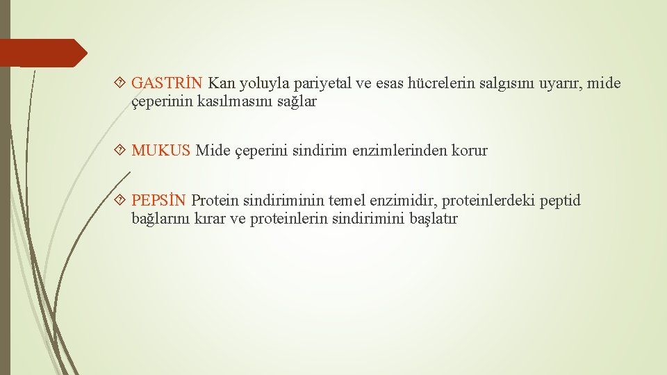 GASTRİN Kan yoluyla pariyetal ve esas hücrelerin salgısını uyarır, mide çeperinin kasılmasını sağlar GASTRİN Kan yoluyla pariyetal ve esas hücrelerin salgısını uyarır, mide çeperinin kasılmasını sağlar