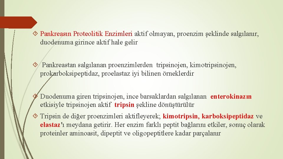 Pankreasın Proteolitik Enzimleri aktif olmayan, proenzim şeklinde salgılanır, duodenuma girince aktif hale gelir Pankreasın Proteolitik Enzimleri aktif olmayan, proenzim şeklinde salgılanır, duodenuma girince aktif hale gelir