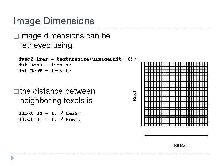 Image Dimensions � image dimensions can be retrieved using ivec 2 ires = texture.