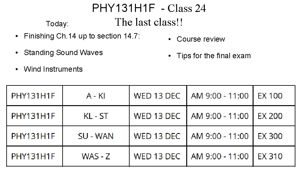 Today: PHY 131 H 1 F - Class 24 The last class!! • Finishing