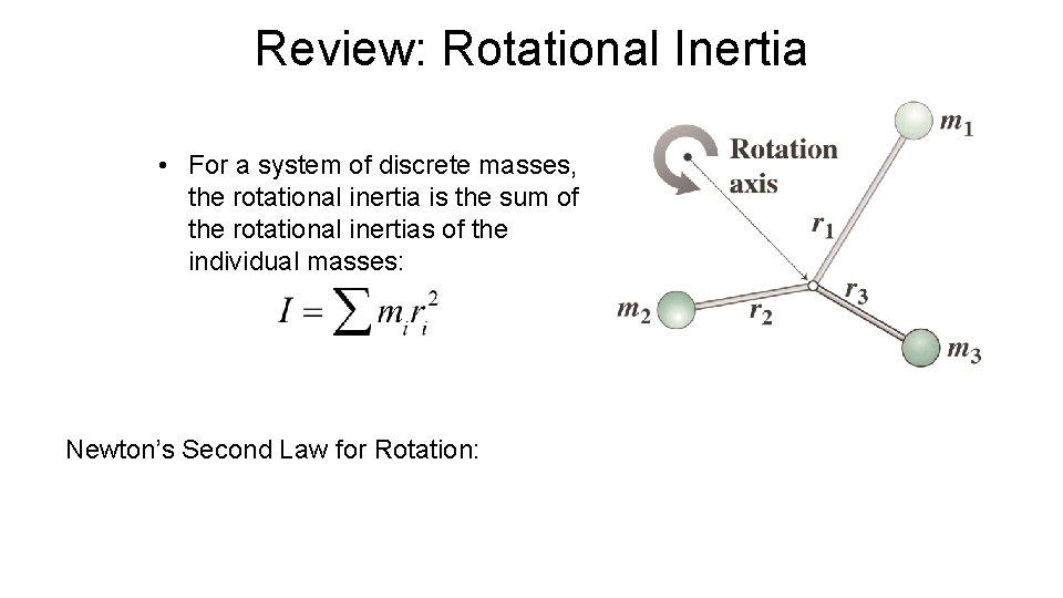 Review: Rotational Inertia • For a system of discrete masses, the rotational inertia is
