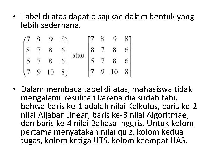  • Tabel di atas dapat disajikan dalam bentuk yang lebih sederhana. • Dalam