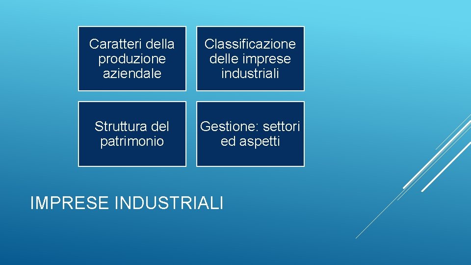 Caratteri della produzione aziendale Classificazione delle imprese industriali Struttura del patrimonio Gestione: settori ed