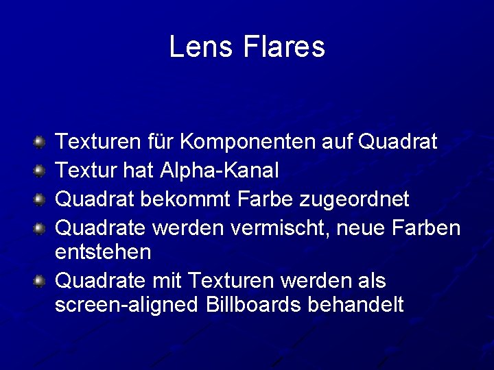 Lens Flares Texturen für Komponenten auf Quadrat Textur hat Alpha-Kanal Quadrat bekommt Farbe zugeordnet