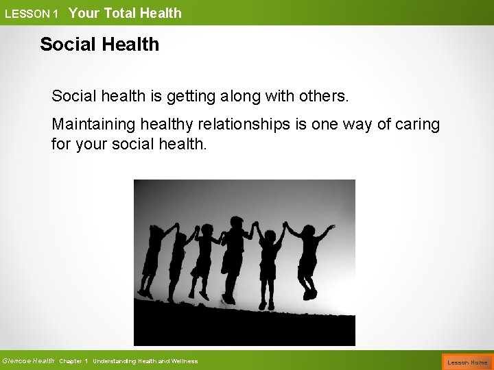 LESSON 1 Your Total Health Social health is getting along with others. Maintaining healthy