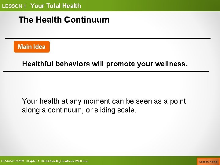 LESSON 1 Your Total Health The Health Continuum Main Idea Healthful behaviors will promote