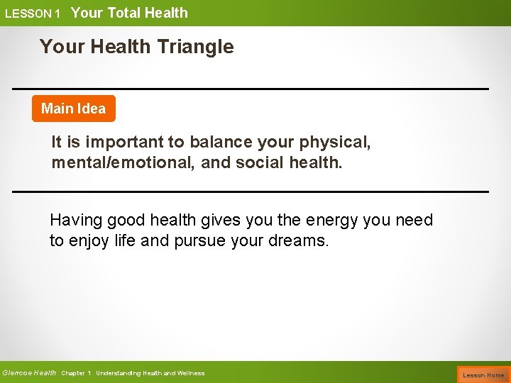 LESSON 1 Your Total Health Your Health Triangle Main Idea It is important to