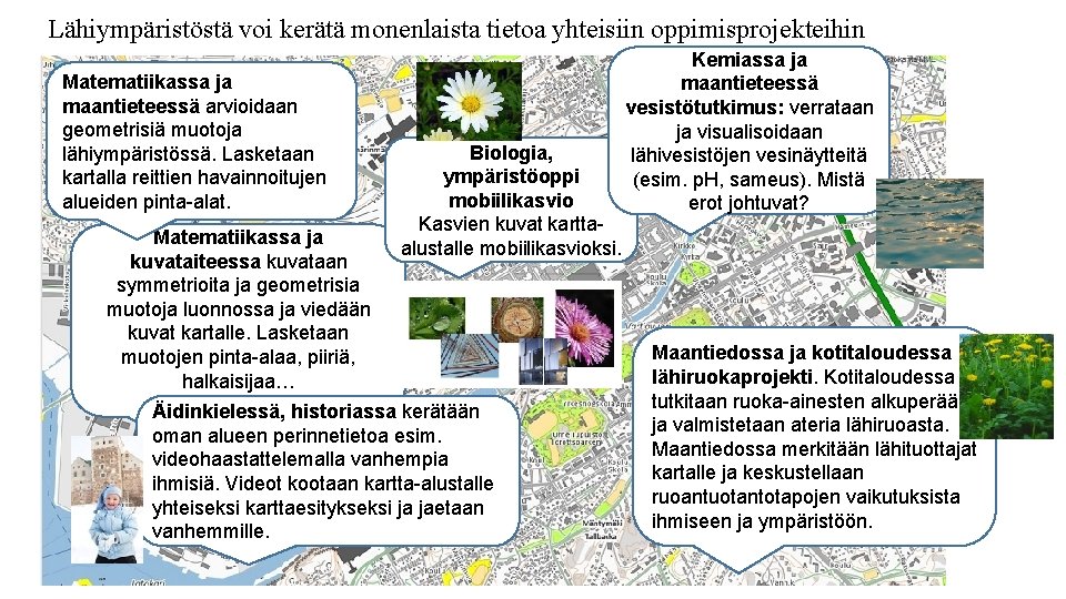 Lähiympäristöstä voi kerätä monenlaista tietoa yhteisiin oppimisprojekteihin Matematiikassa ja maantieteessä arvioidaan geometrisiä muotoja lähiympäristössä.