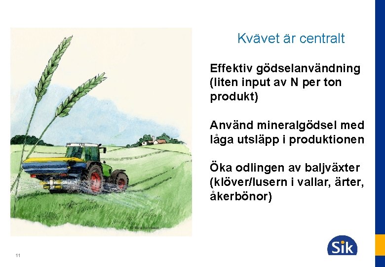 Kvävet är centralt Effektiv gödselanvändning (liten input av N per ton produkt) Använd mineralgödsel