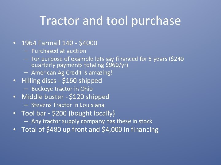 Tractor and tool purchase • 1964 Farmall 140 - $4000 – Purchased at auction
