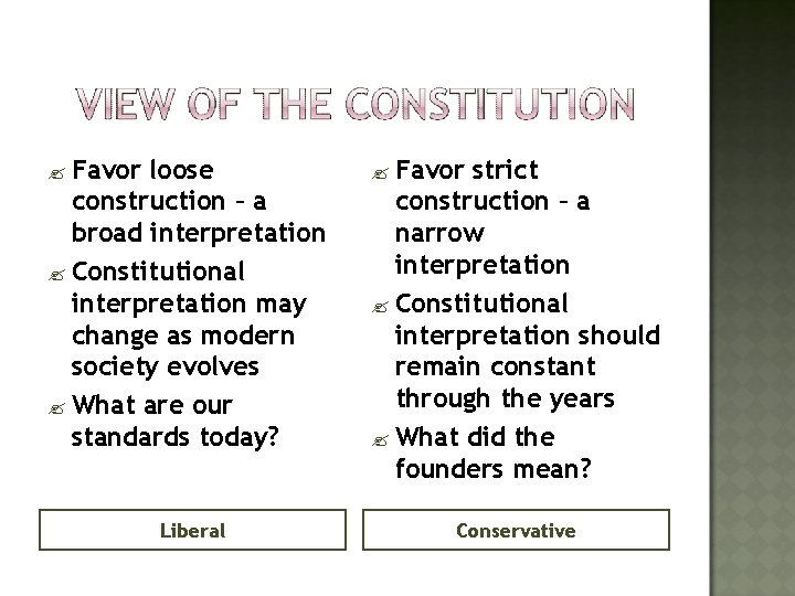 ? Favor loose construction – a broad interpretation ? Constitutional interpretation may change as