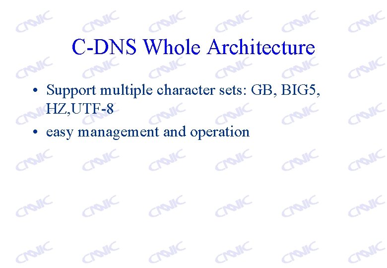 C-DNS Whole Architecture • Support multiple character sets: GB, BIG 5, HZ, UTF-8 •