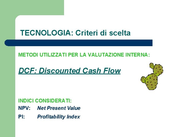 TECNOLOGIA: Criteri di scelta METODI UTILIZZATI PER LA VALUTAZIONE INTERNA: DCF: Discounted Cash Flow