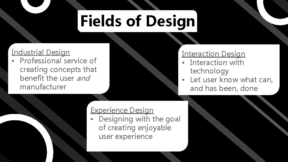 Fields of Design Industrial Design • Professional service of creating concepts that benefit the