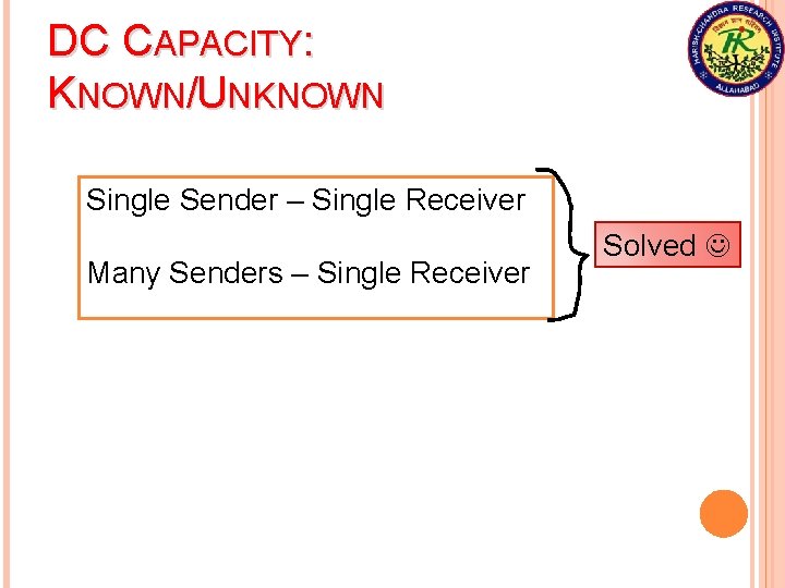 DC CAPACITY: KNOWN/UNKNOWN Single Sender – Single Receiver Many Senders – Single Receiver Solved