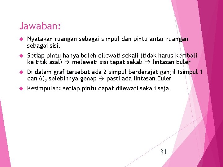 Jawaban: Nyatakan ruangan sebagai simpul dan pintu antar ruangan sebagai sisi. Setiap pintu hanya