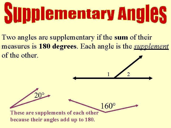 Two angles are supplementary if the sum of their measures is 180 degrees. Each Two angles are supplementary if the sum of their measures is 180 degrees. Each